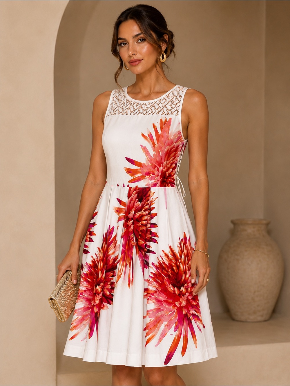 NWT Studio One Floral Fit & Flare Dress Size 12 White Coral Lace Yoke